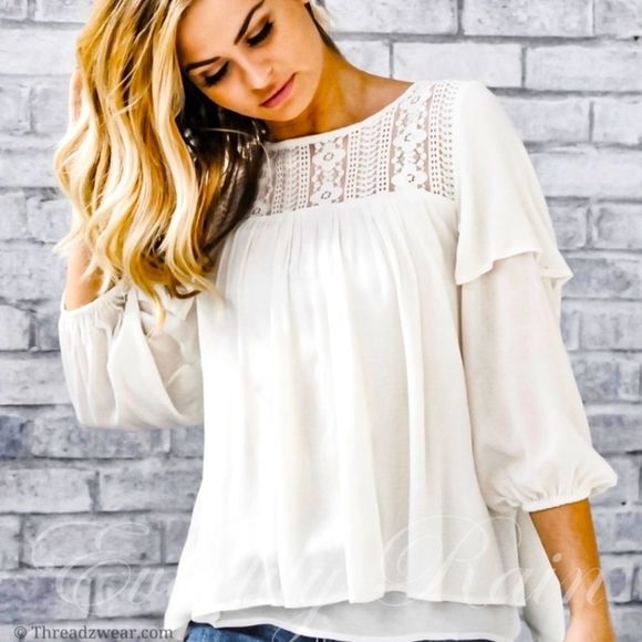 entro Tops New Layered Boutique Ivory Peasant Blouse Large